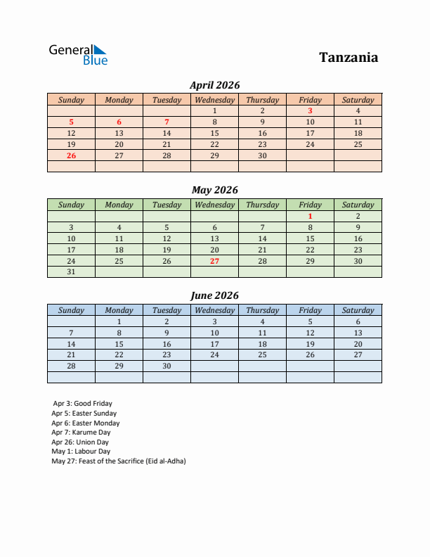 Q2 2026 Holiday Calendar - Tanzania