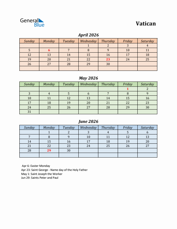 Q2 2026 Holiday Calendar - Vatican