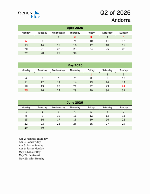 Quarterly Calendar 2026 with Andorra Holidays