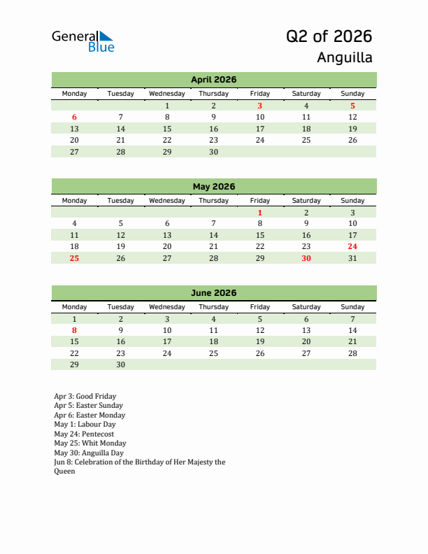 Quarterly Calendar 2026 with Anguilla Holidays