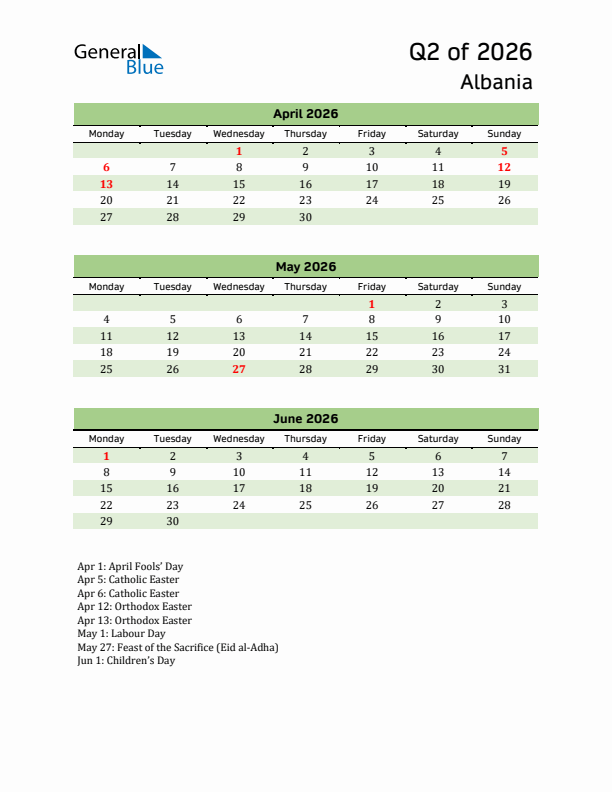 Quarterly Calendar 2026 with Albania Holidays