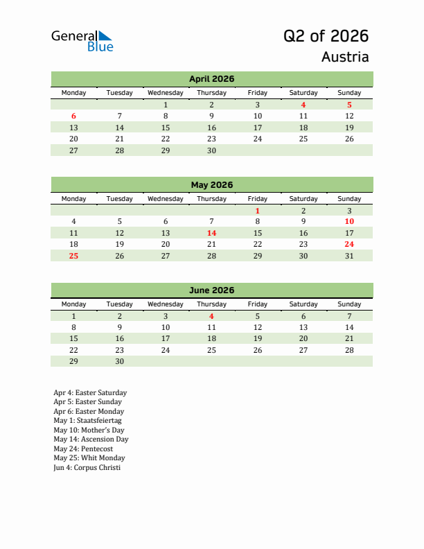 Quarterly Calendar 2026 with Austria Holidays