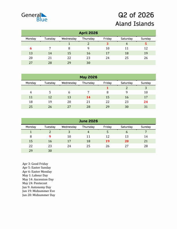 Quarterly Calendar 2026 with Aland Islands Holidays