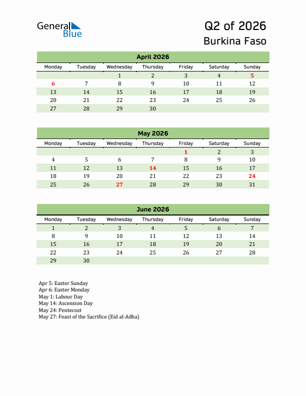 Quarterly Calendar 2026 with Burkina Faso Holidays