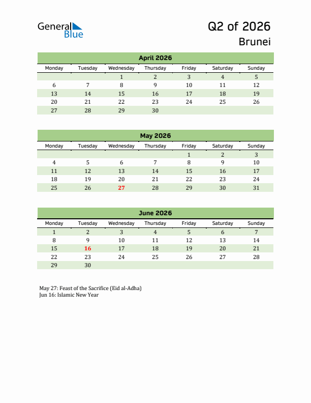 Quarterly Calendar 2026 with Brunei Holidays