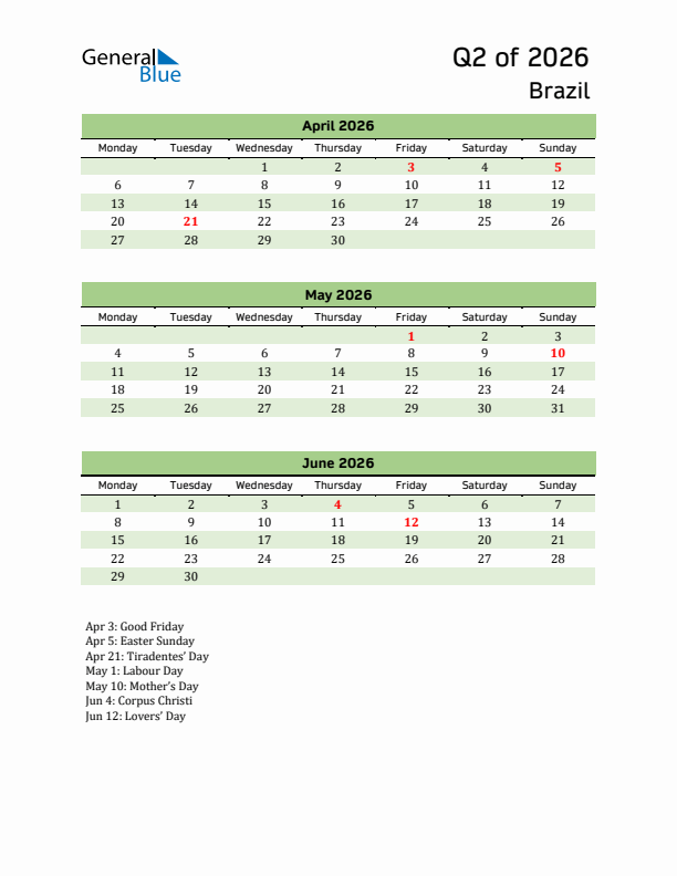 Quarterly Calendar 2026 with Brazil Holidays