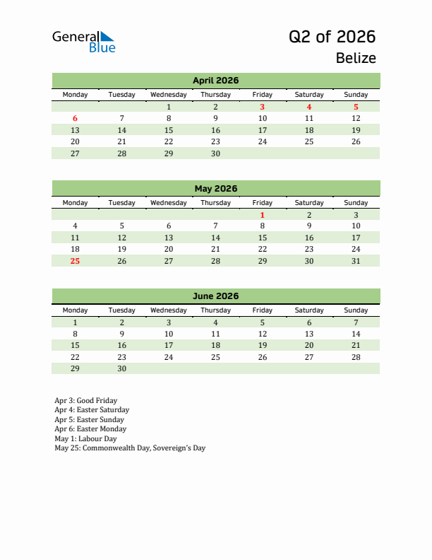 Quarterly Calendar 2026 with Belize Holidays