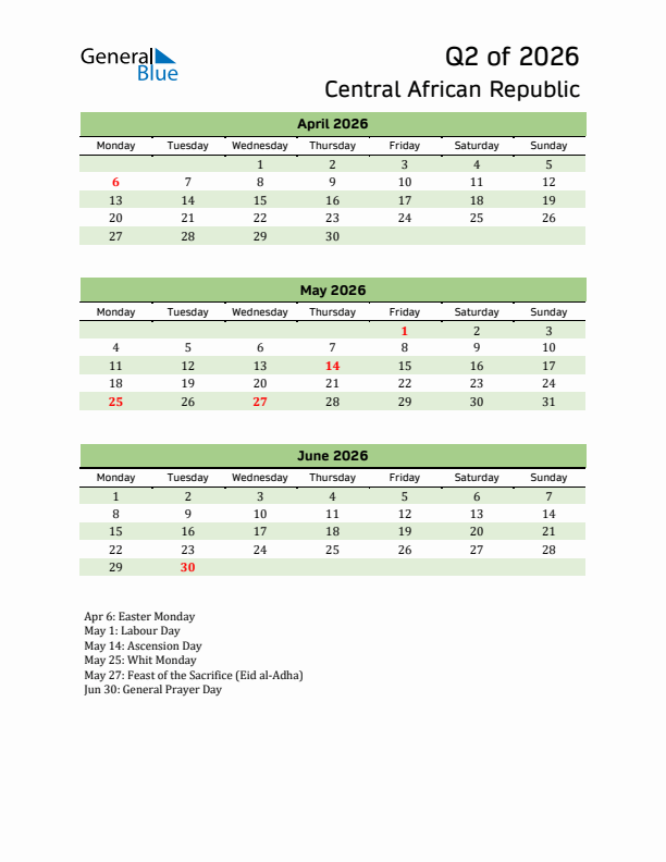 Quarterly Calendar 2026 with Central African Republic Holidays