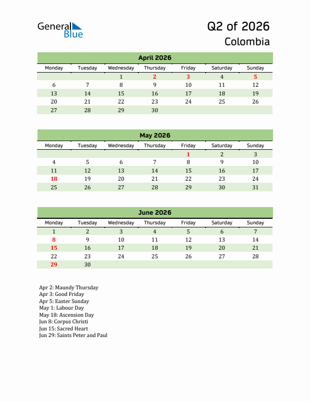 Quarterly Calendar 2026 with Colombia Holidays