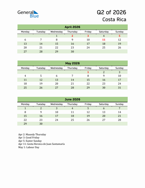 Quarterly Calendar 2026 with Costa Rica Holidays