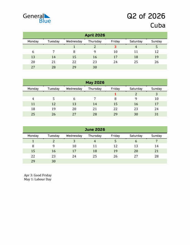 Quarterly Calendar 2026 with Cuba Holidays