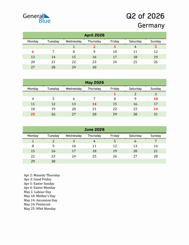 Quarterly Calendar 2026 with Germany Holidays