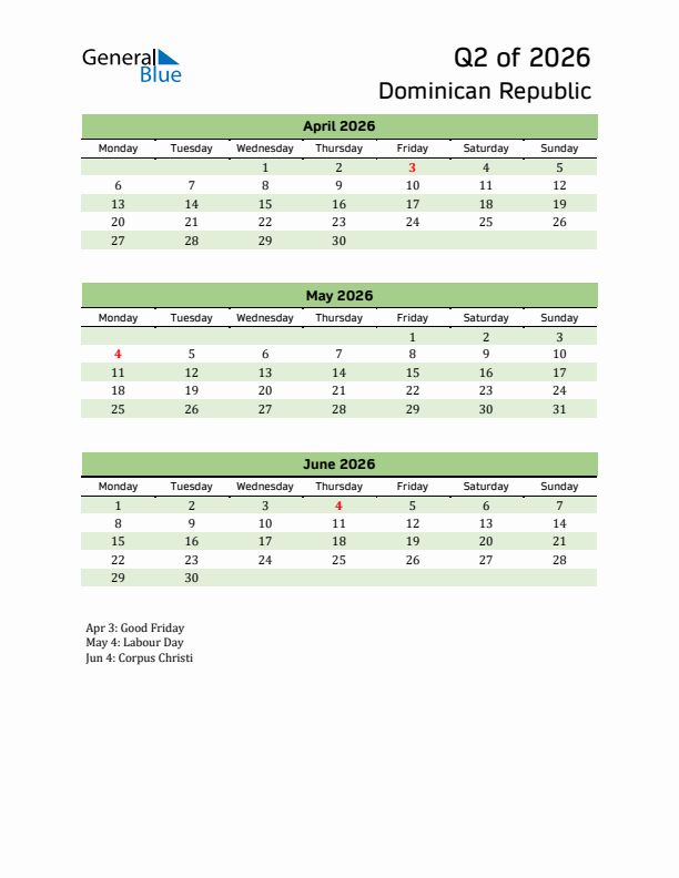 Quarterly Calendar 2026 with Dominican Republic Holidays