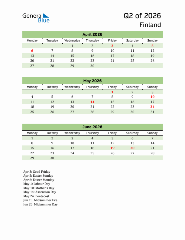 Quarterly Calendar 2026 with Finland Holidays