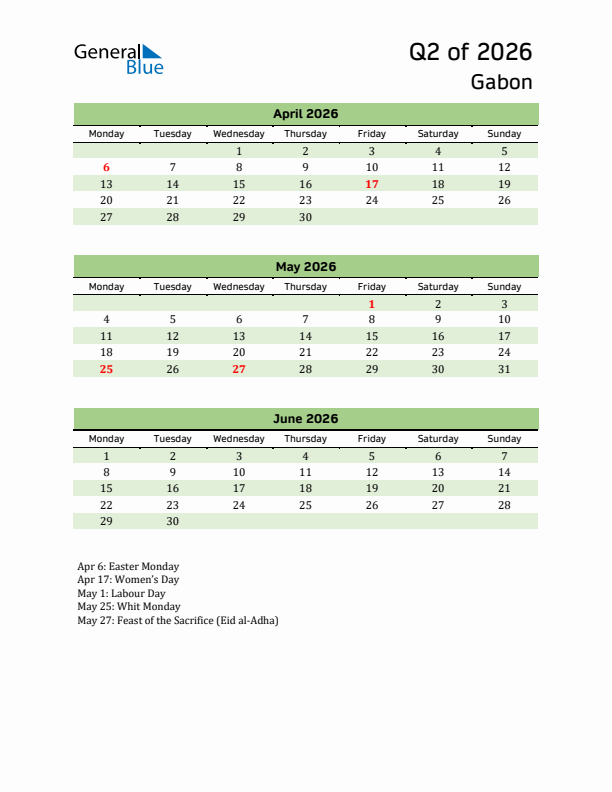 Quarterly Calendar 2026 with Gabon Holidays