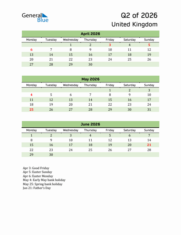 Quarterly Calendar 2026 with United Kingdom Holidays