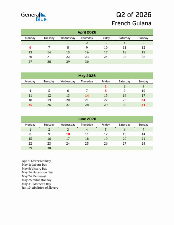 Quarterly Calendar 2026 with French Guiana Holidays