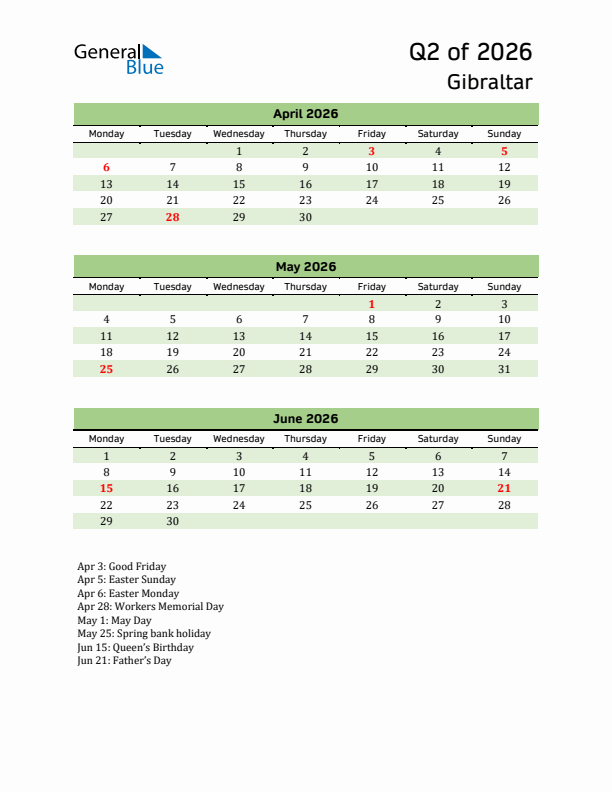 Quarterly Calendar 2026 with Gibraltar Holidays