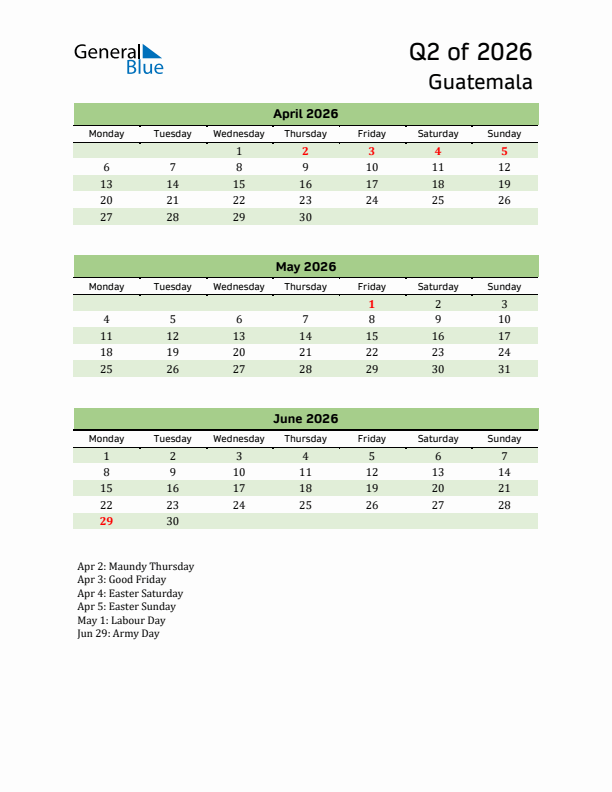 Quarterly Calendar 2026 with Guatemala Holidays