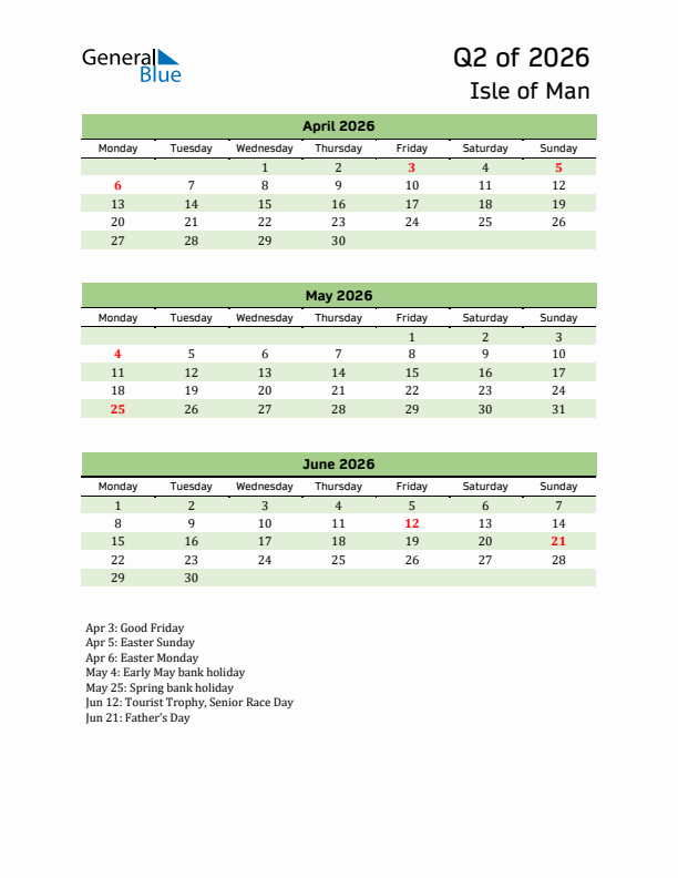 Quarterly Calendar 2026 with Isle of Man Holidays