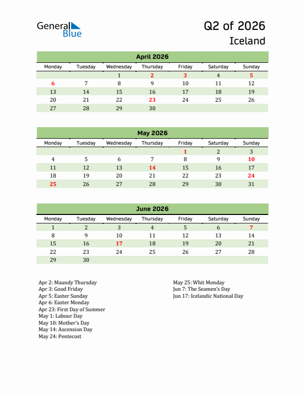 Quarterly Calendar 2026 with Iceland Holidays