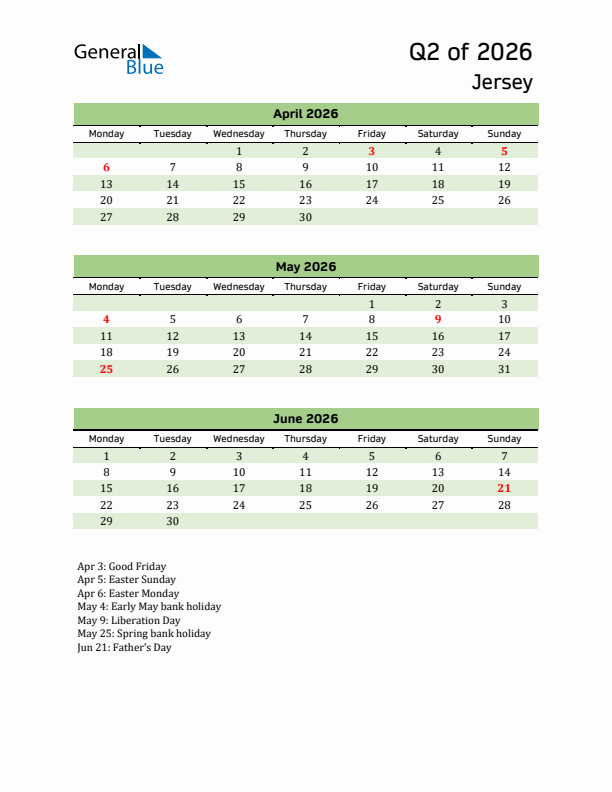 Quarterly Calendar 2026 with Jersey Holidays