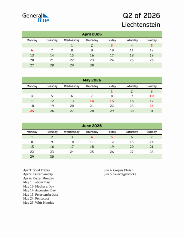 Quarterly Calendar 2026 with Liechtenstein Holidays