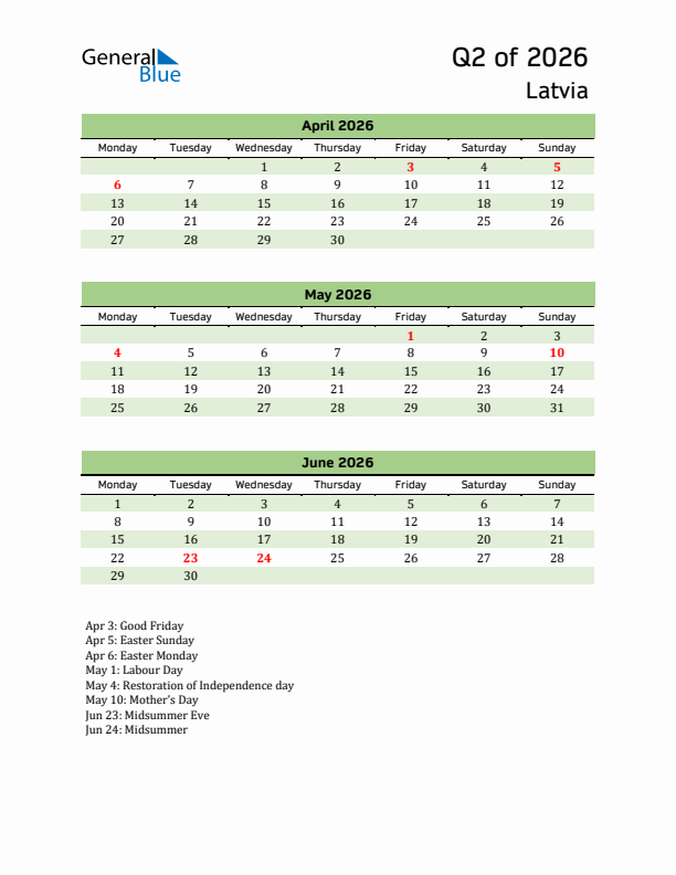 Quarterly Calendar 2026 with Latvia Holidays