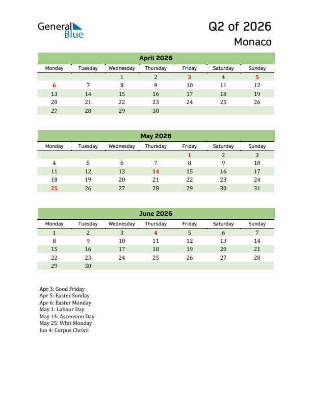 Quarterly Calendar 2026 with Monaco Holidays