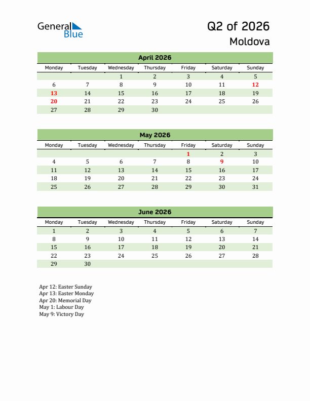 Quarterly Calendar 2026 with Moldova Holidays