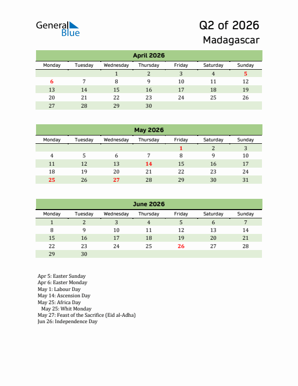 Quarterly Calendar 2026 with Madagascar Holidays