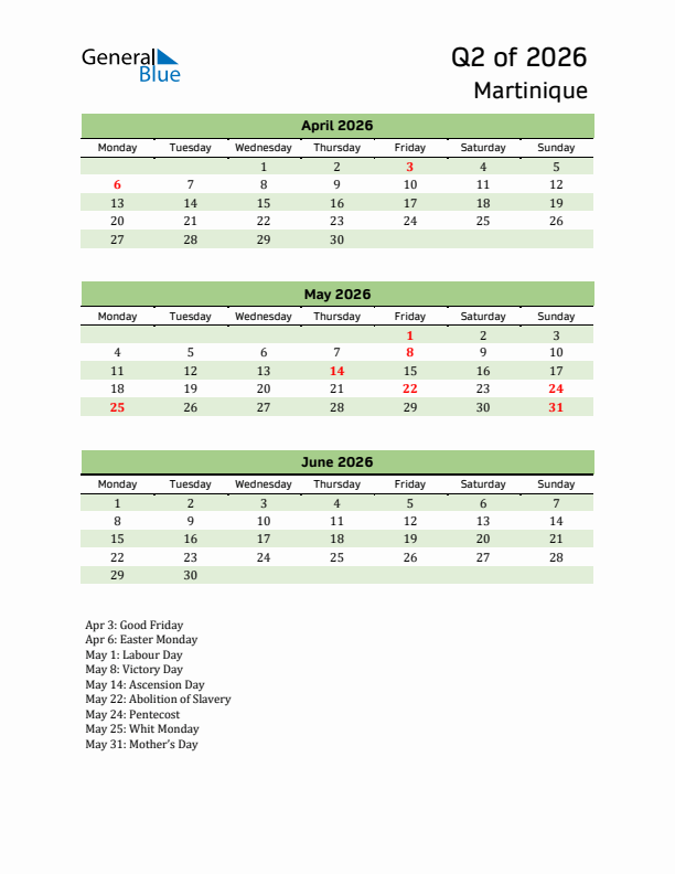 Quarterly Calendar 2026 with Martinique Holidays