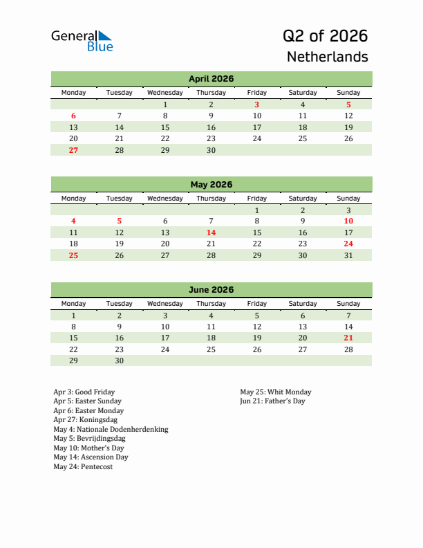 Quarterly Calendar 2026 with The Netherlands Holidays