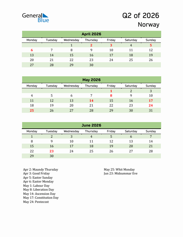 Quarterly Calendar 2026 with Norway Holidays