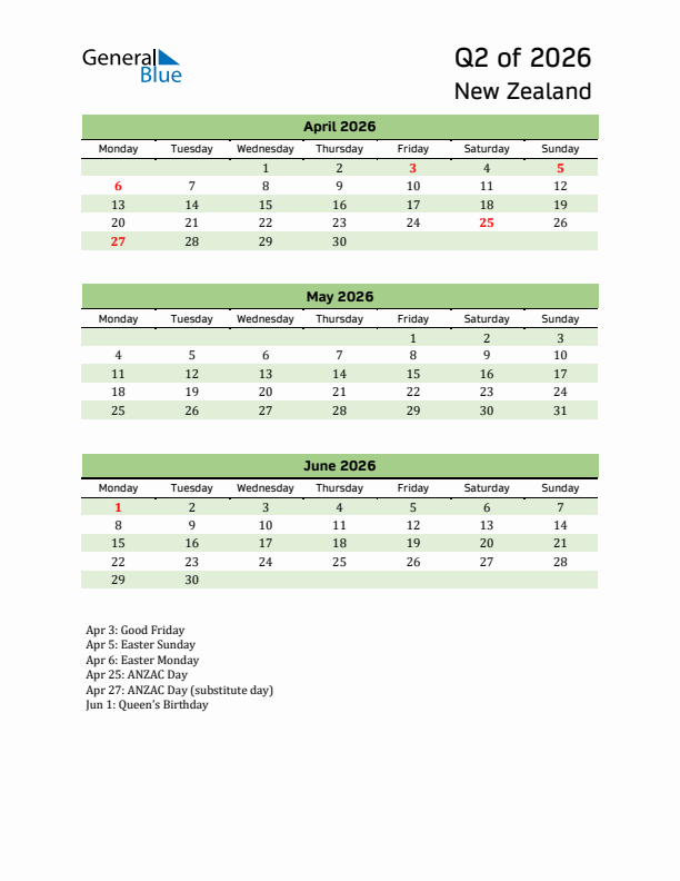 Quarterly Calendar 2026 with New Zealand Holidays