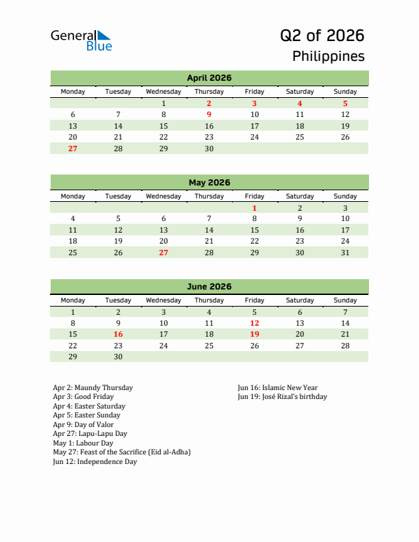 Quarterly Calendar 2026 with Philippines Holidays