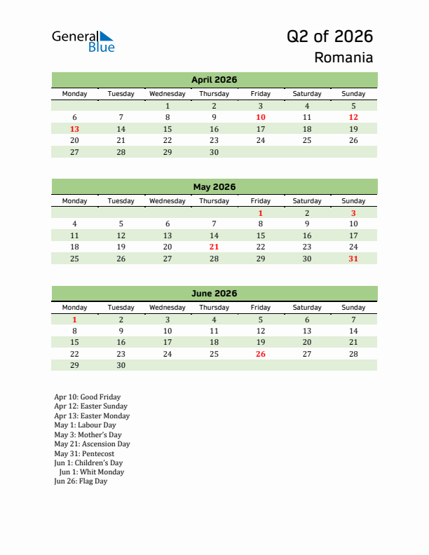 Quarterly Calendar 2026 with Romania Holidays