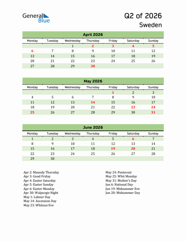 Quarterly Calendar 2026 with Sweden Holidays