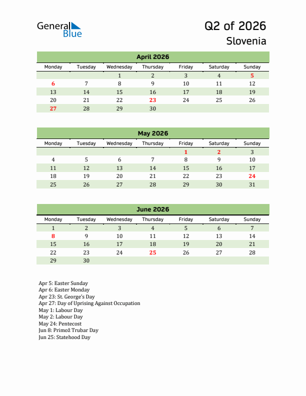 Quarterly Calendar 2026 with Slovenia Holidays