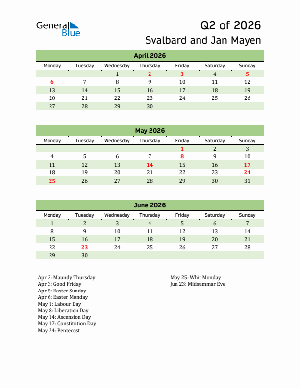 Quarterly Calendar 2026 with Svalbard and Jan Mayen Holidays