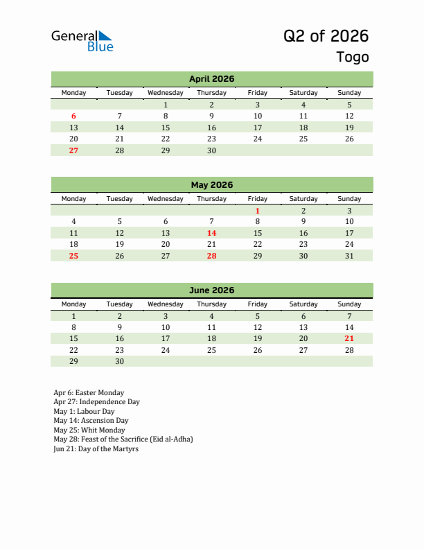 Quarterly Calendar 2026 with Togo Holidays