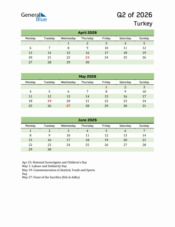 Quarterly Calendar 2026 with Turkey Holidays