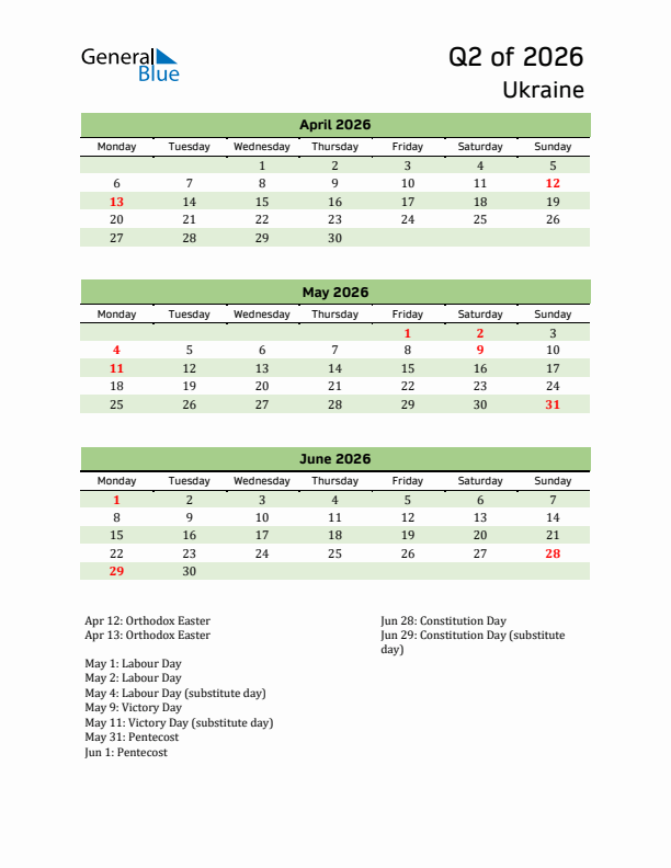 Quarterly Calendar 2026 with Ukraine Holidays