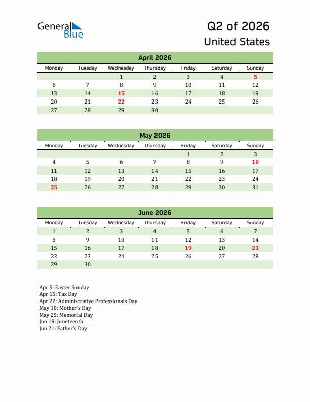 Quarterly Calendar 2026 with United States Holidays