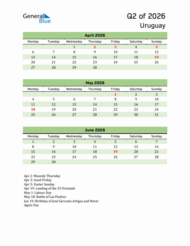 Quarterly Calendar 2026 with Uruguay Holidays