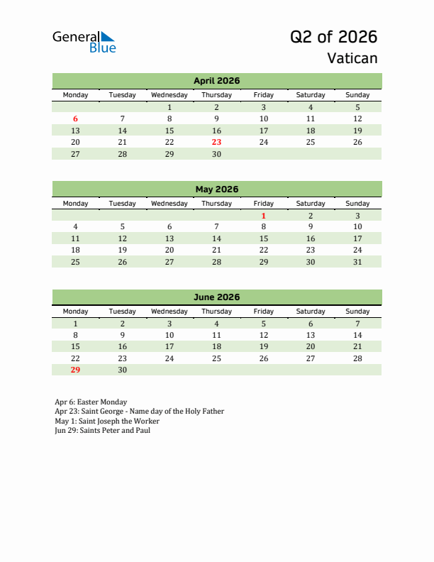 Quarterly Calendar 2026 with Vatican Holidays