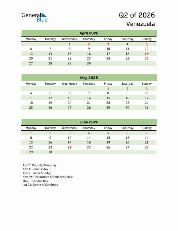 Quarterly Calendar 2026 with Venezuela Holidays