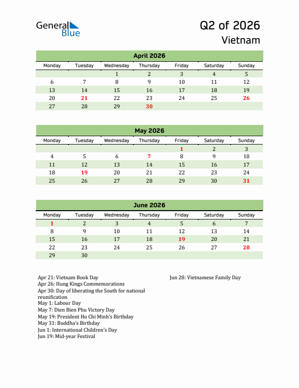 Quarterly Calendar 2026 with Vietnam Holidays