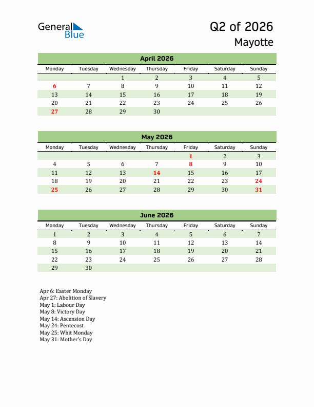 Quarterly Calendar 2026 with Mayotte Holidays