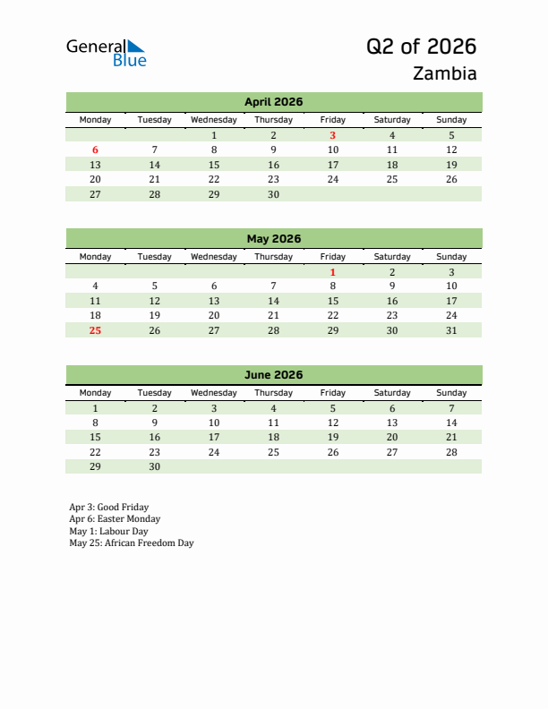 Quarterly Calendar 2026 with Zambia Holidays